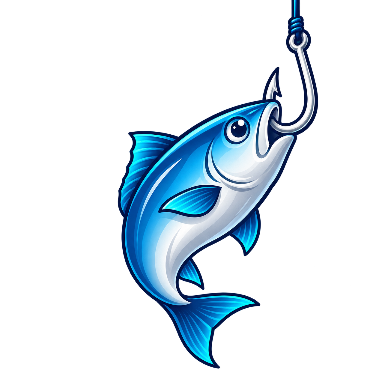 Blauer Fisch an einem silbernen Angelhaken – das Fishing-King-Motiv